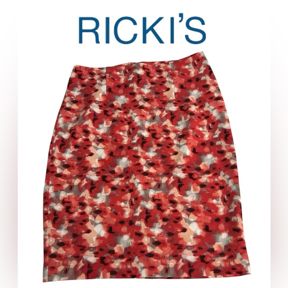 ABSTRACT FLORAL PENCIL SKIRT RICKI’S WOMENS RED NEW - Picture 1 of 8